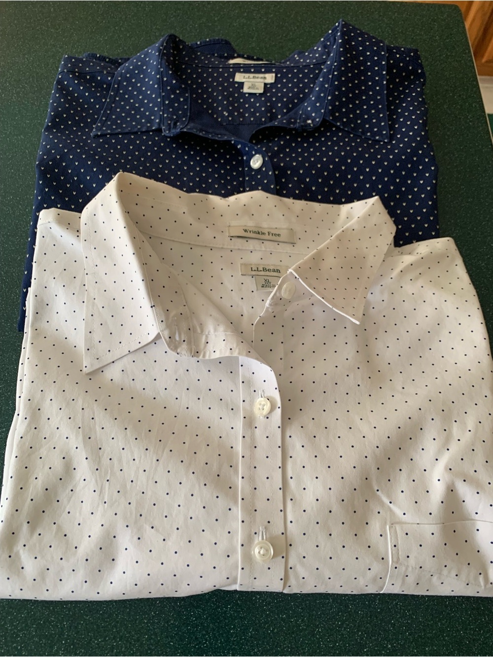 $12. LL Bean Navy Polka Dot Button-Up Blouse PXL w/3/4 sleeves & white PXL LS